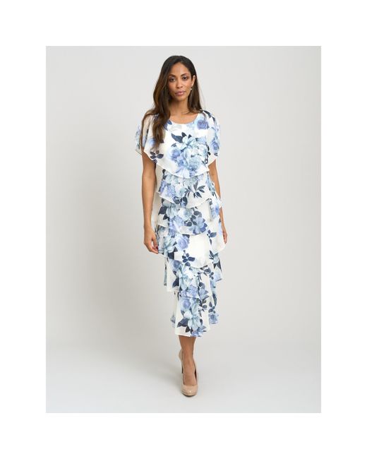 Gina Bacconi Blue Morgan Midi Printed Tiered Chiffon Dress