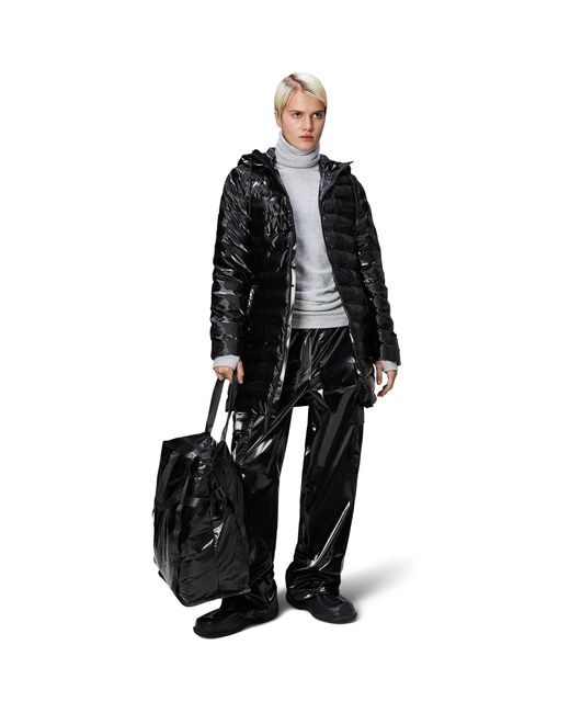 Rains Black Lohja Curve Hooded Funnel Neck Long Sleeve Long Puffer Jacket