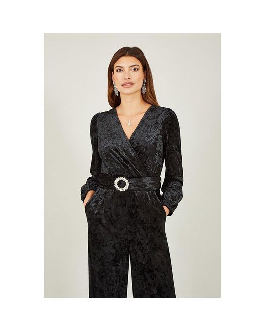 Yumi' Black Velvet Jumpsuit With Diamanté Belt