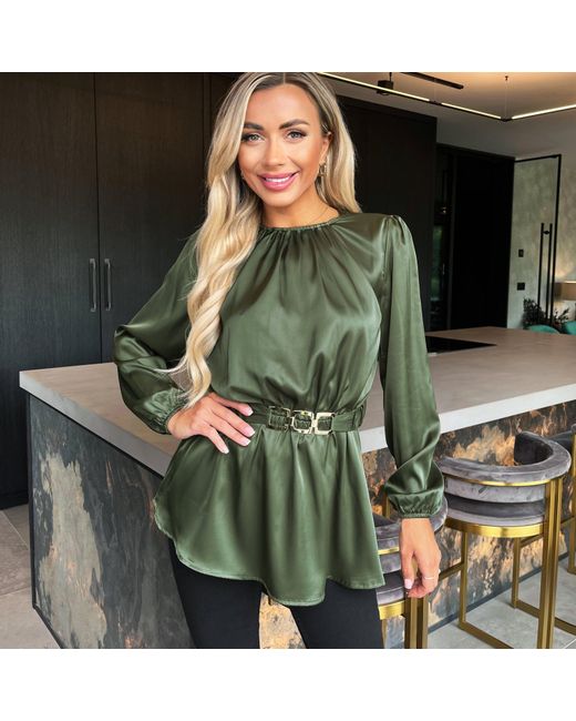 AX Paris Green Satin Long Sleeve Detail Belt Top