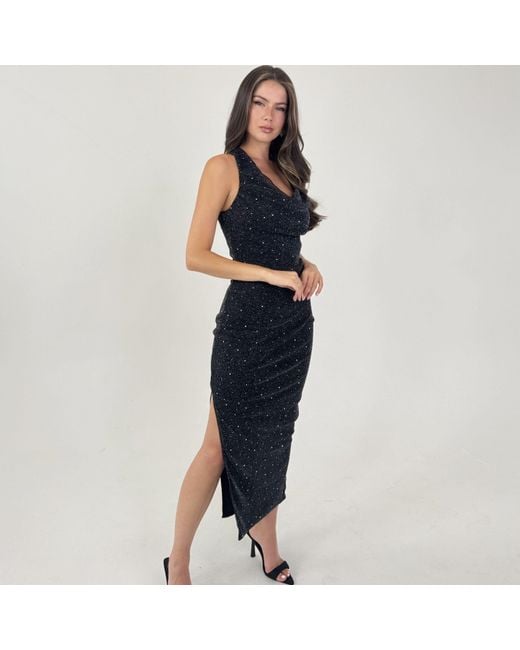AX Paris Blue Diamante Sparkle Cowl Neck Midi Dress