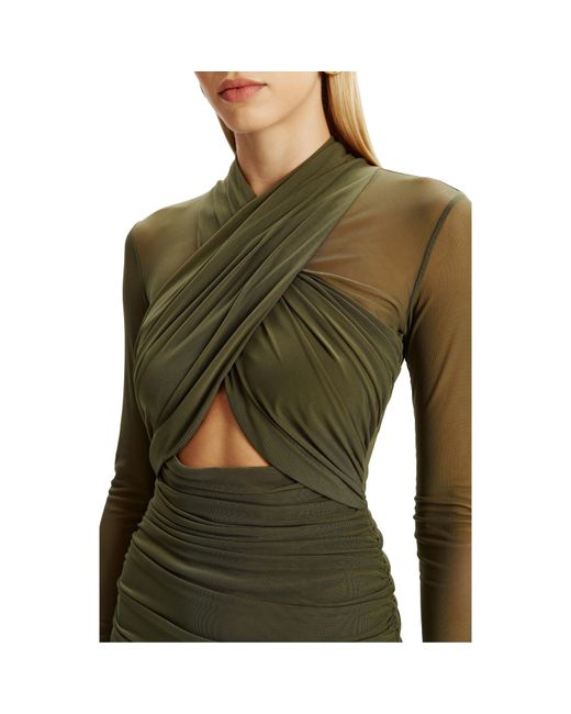 Bardot Green Aliyah Mesh Long Sleeve Midi Bodycon Dress