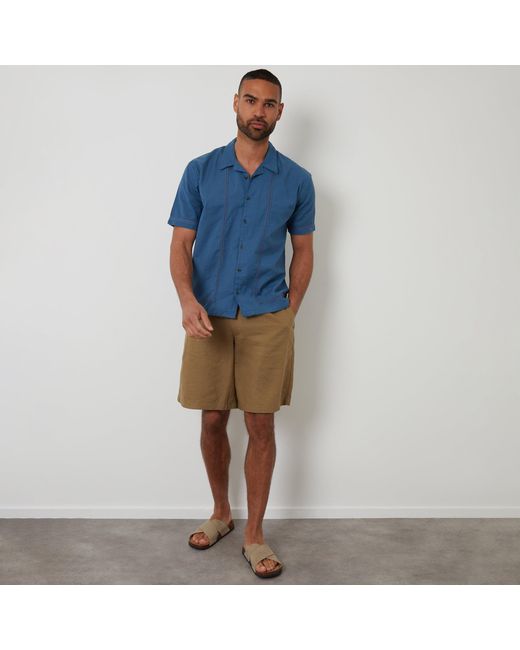 Threadbare Blue Linen Blend Lace Trim Relaxed Fit Shirt for men
