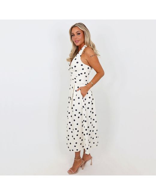 AX Paris White Cream And Polka Dot Tie Halter Neck Midi Dress