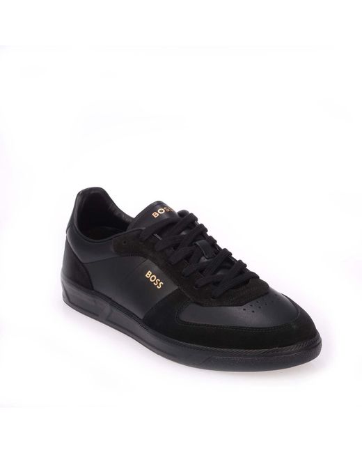 Boss Black Foil Print Branding Leather-Suede Trainers for men