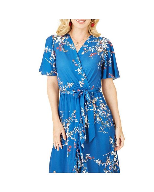 Mela London Blue Floral Dip Hem Midi Wrap Dress