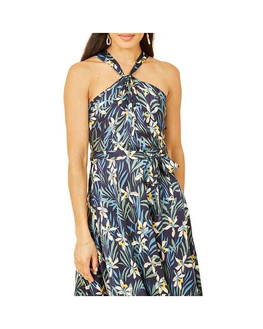 Yumi' Blue Tropical Print Satin Swing Dress