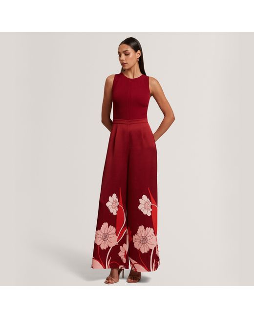 Ted Baker Red Knit Bodice Floral Printed Trouser Jumpsuit