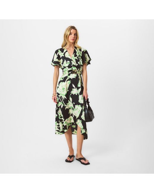 AX Paris Green Floral Printed Short Sleeve Belted Wrap Midi Dress