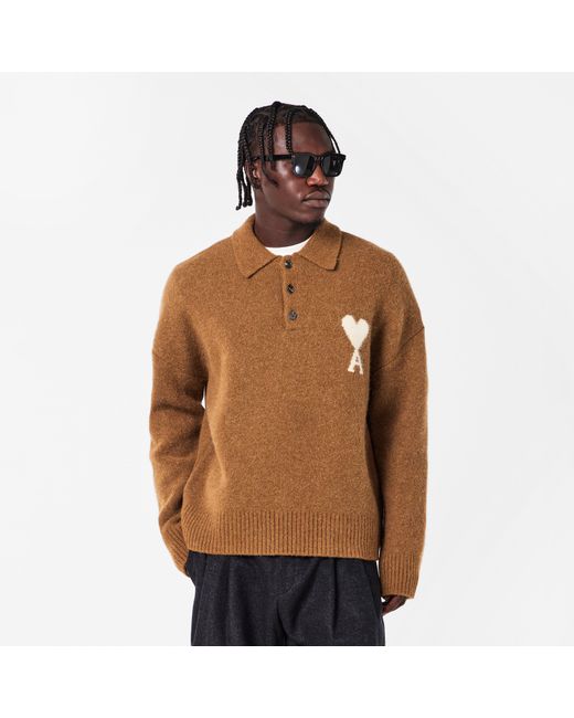 AMI Brown Adc Knitted Long Sleeve Polo Shirt for men