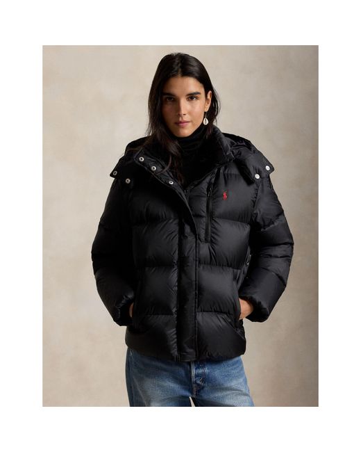 Polo Ralph Lauren Black Carly Water-Repellent Quilted Duck Down Wind Resistant Detachable Hood Short Puffer Jacket
