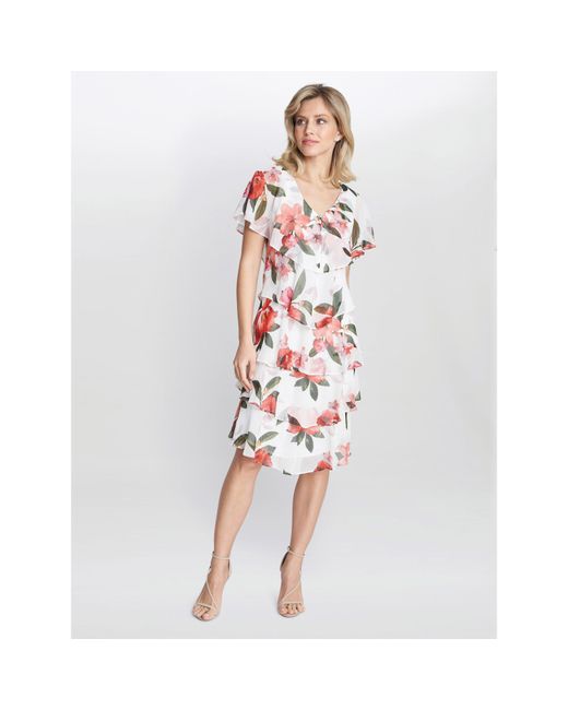 Gina Bacconi White Andie Floral Print Tiered Dress