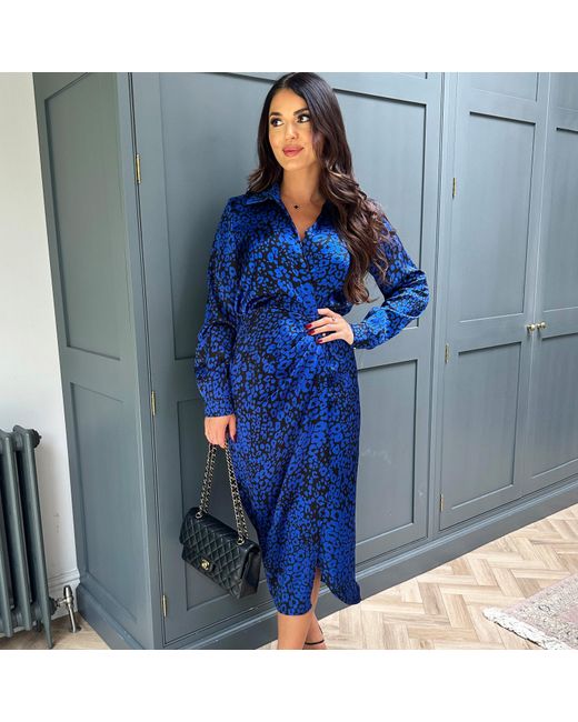 AX Paris Blue Cobalt Animal Print Collared Midi Dress