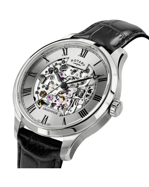 Rotary Metallic Greenwich Ss Leather Strap Watc for men