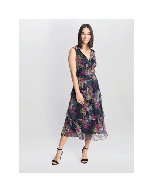 Gina Bacconi Blue Nina Midi Printed Tiered Dress