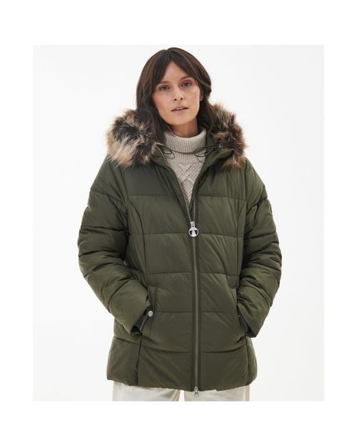 Barbour Green Midhurst Quilted Faux Fur Hood Short Puffer Jacket