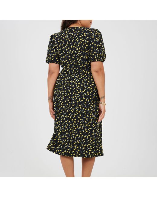 Brave Soul Black Plus Size Puffy Sleeve Floral Midi Dress With Puff Sleeves