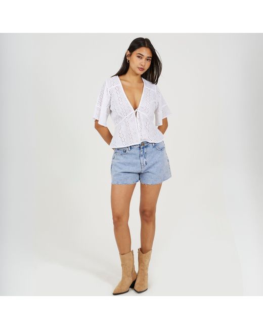 Brave Soul White Bs Broderie Anglaise Short Sleeve Shirt With Front Tie Detail