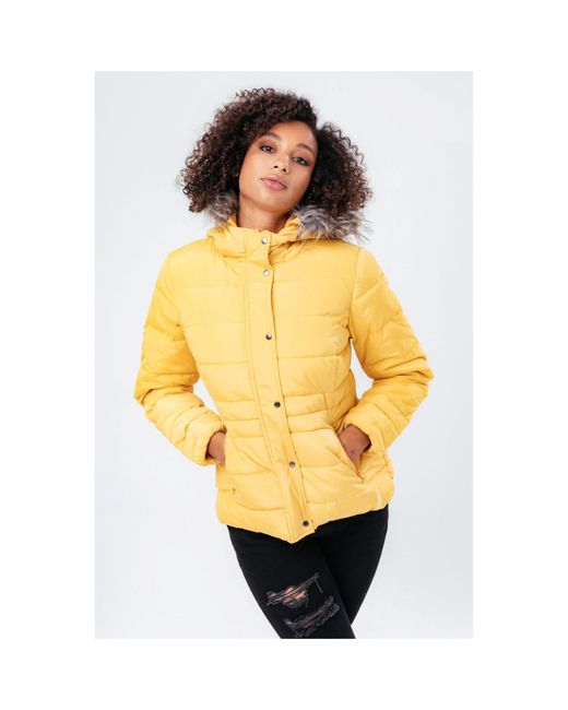 Hype Yellow Fur Trim Insulated Compact Fit Short Puffer Jacket