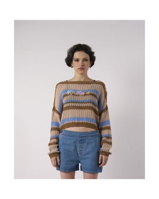 Kickers Blue Loose Striped Cotton Knit Boat Neck Crew Neck Jumper