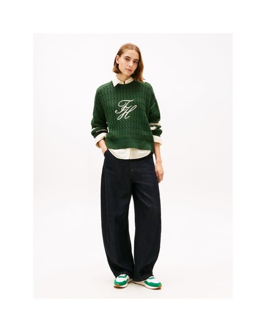 Tommy Hilfiger Green Textured Graphic Cropped Sweatshirt