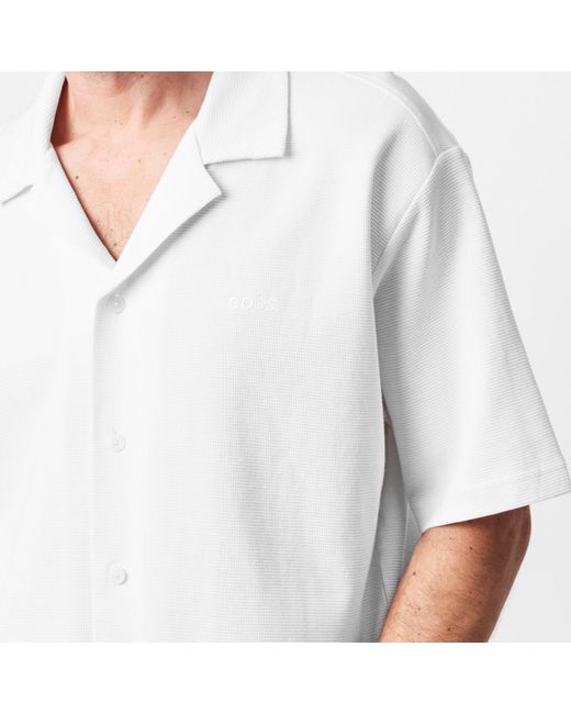 Boss White Embroidered Waffle Bowling Shirt for men