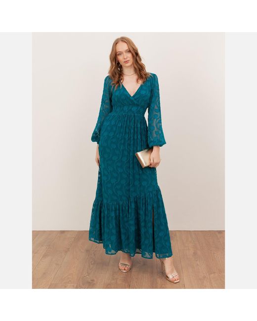 Lovedrobe Blue Floral Burnout Tie-Back Maxi Dress With Asymmetric Split Hem