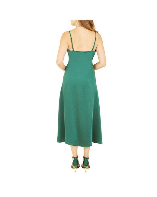Yumi' Green Satin Strappy Midi Wrap Dress