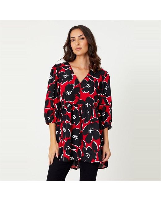 Be You Red Floral V Neck Tunic