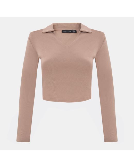 I Saw It First Natural Long Sleeve Collared Top
