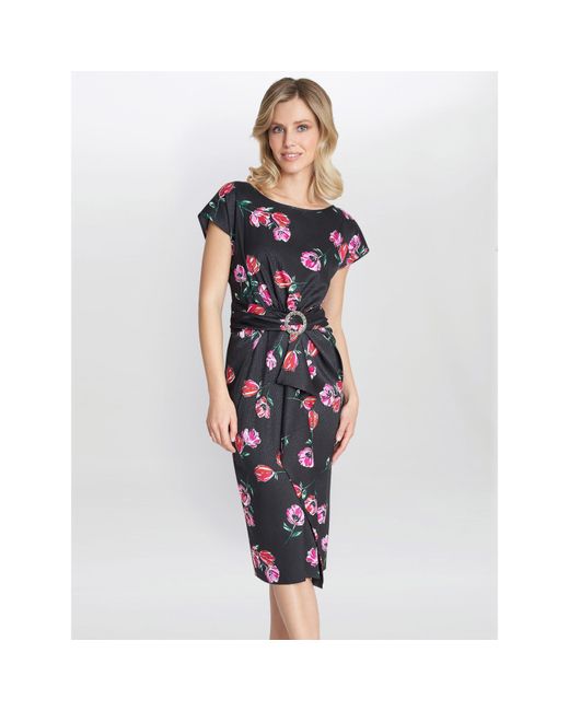 Gina Bacconi Blue Saffron Floral Print Satin Dress
