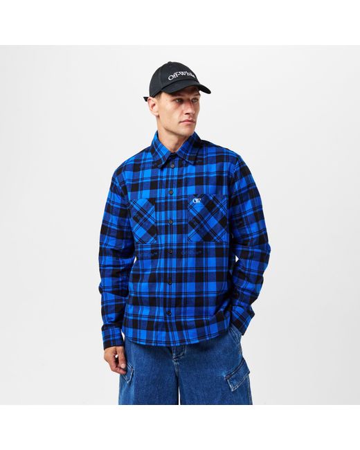 Off-White c/o Virgil Abloh Blue Arrow Plaid Cotton Long Sleeve Embroidered Shirt for men