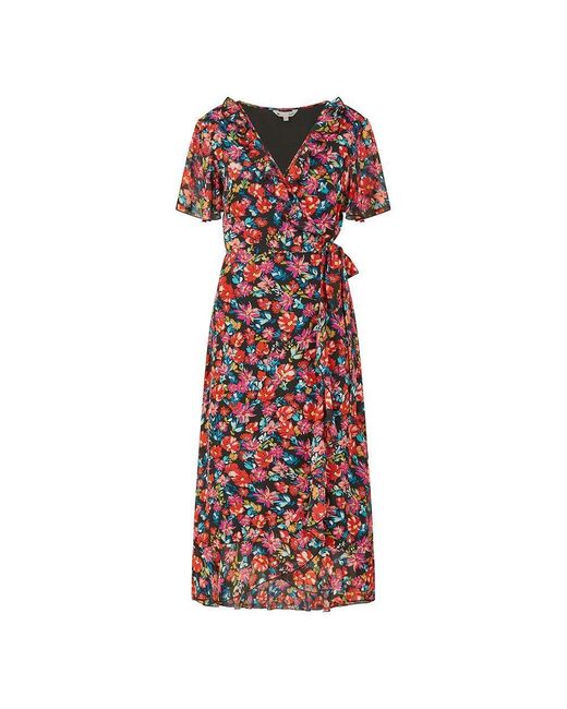 Yumi' Red Floral Midi Wrap Dress