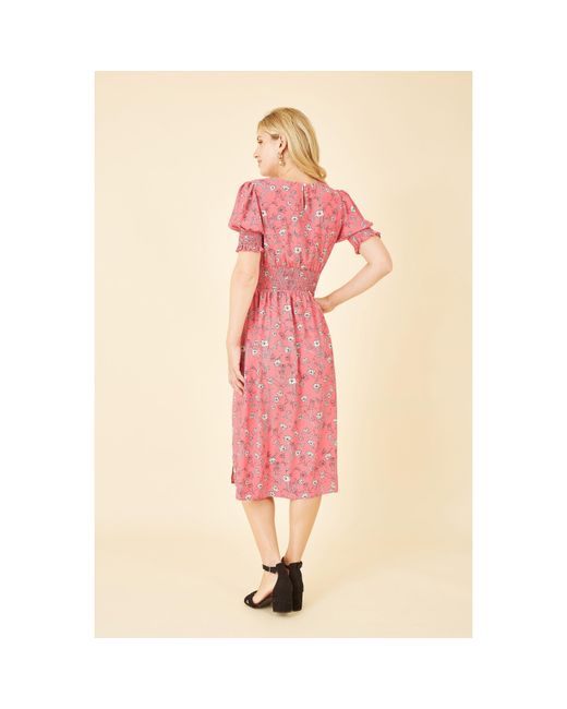 Mela London Pink Floral Ruched Waist Midi Dress