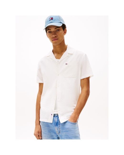 Tommy Hilfiger White Linen Blend Short-Sleeve Plain Shirt for men