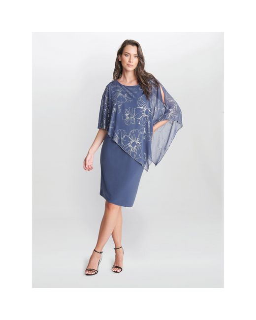 Gina Bacconi Blue Fiona Floral Glittered Asymmetric Dress