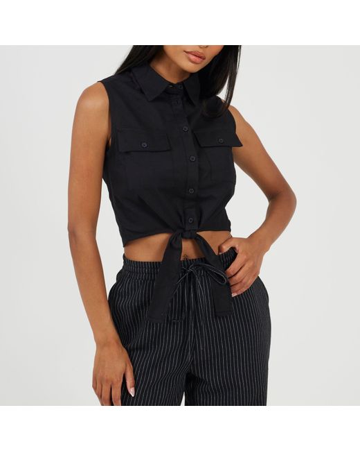 Brave Soul Black Sleeveless Collared Top With Tie Detail