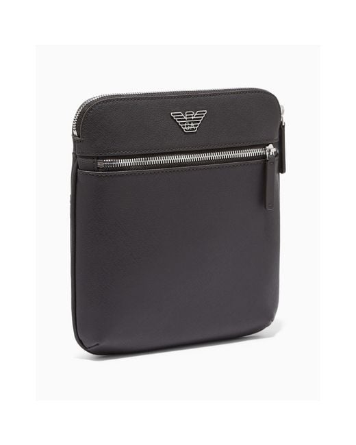 Emporio Armani Black Regenerated Saffiano Leather Flat Shoulder Bag for men