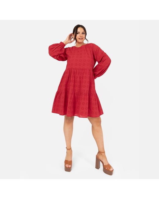 Lovedrobe Red Maxi Sleeve Broderie Smock Dress