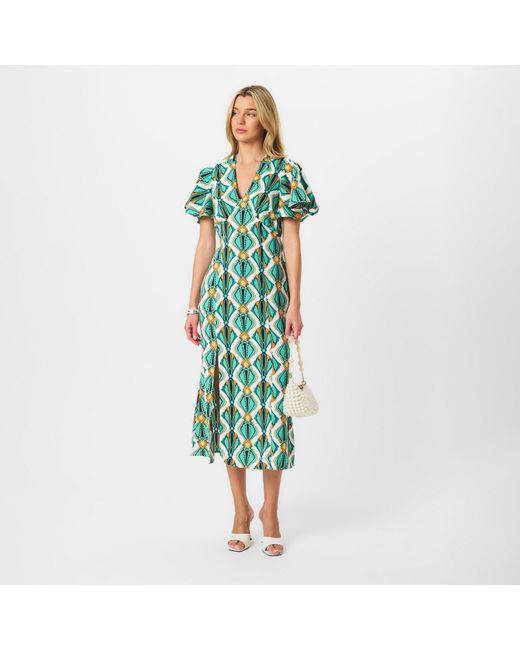 AX Paris Green Print V Neck Tie Detail Short Sleeve Midi Dress