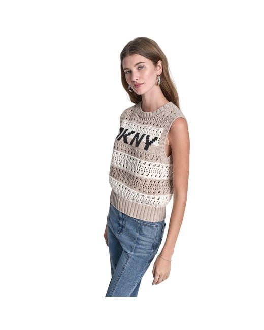 DKNY Gray Jeans Striped Pointelle Stitch Sleeveless Sweater