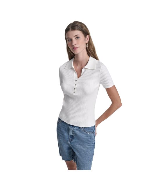 DKNY White Jeans Short Sleeve Rib Polo W/ Logo Rhinestone Buttons