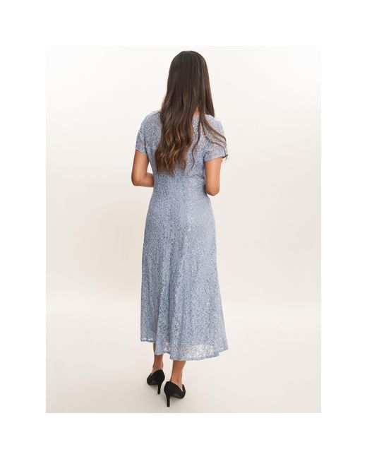 Gina Bacconi Blue Genny Cap Sleeve Midi Sequin Lace Dress