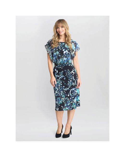 Gina Bacconi Blue Lisa-Marie Printed Chiffon Blouson Dress