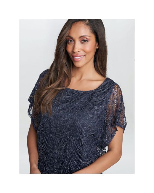Gina Bacconi Blue Arleen Long Blouson Fringe Hem Dress