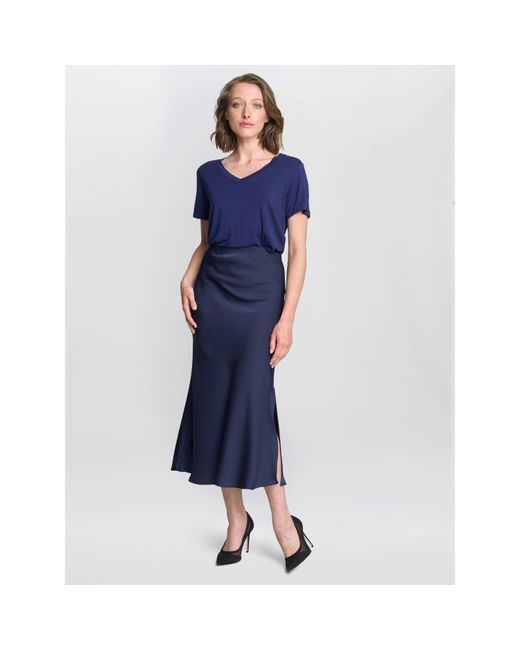 Gina Bacconi Blue Bobbi Satin Bias Cut Skirt