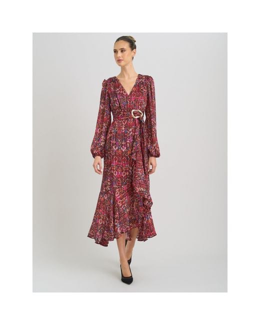 Gina Bacconi Red Sharron Printed Wrap Midi Dress