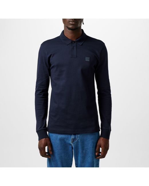 Boss Blue Passerby Premium Cotton Long Sleeve Polo Shirt With Logo Detail for men