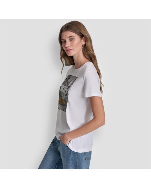 DKNY Gray Rhinestone Taxi Photoreal Logo Crew Neck Tee