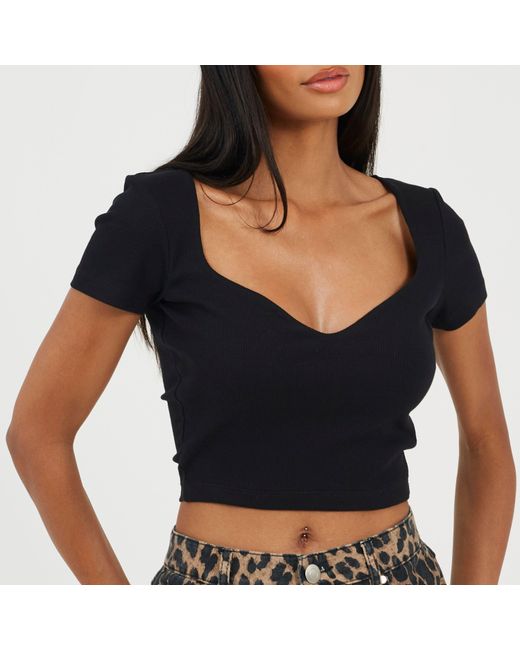 Brave Soul Black Shirt Sleeve T-Shirt With Sweetheart Neckline